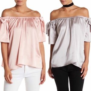 Satin Off-The-Shoulder Tie Sleeve Blouse